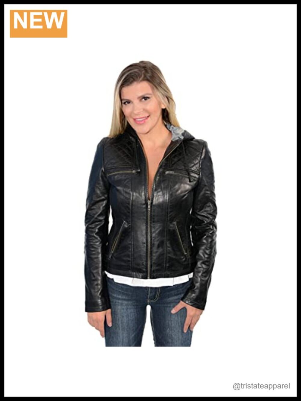 Women's Black Leather Jacket with Hood and Drawstring